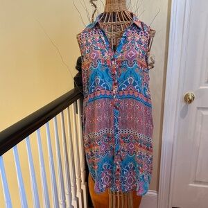Tolani 100% silk shirt dress. In blues orange pink and cream